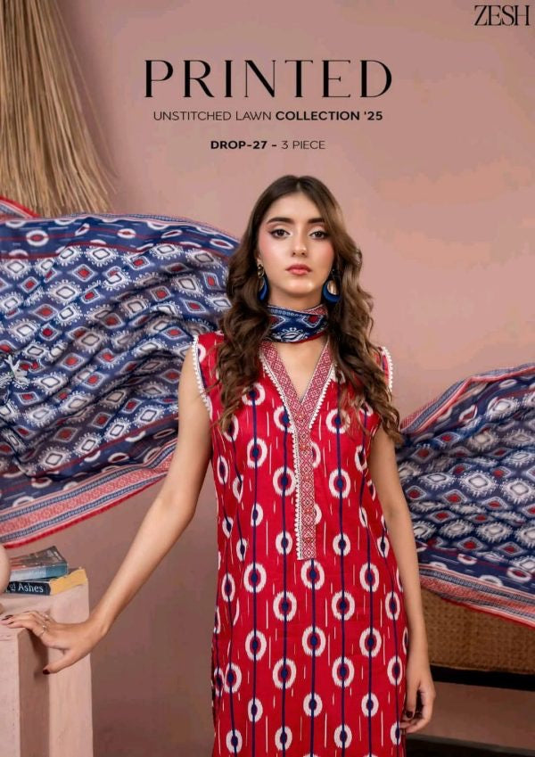 3 Pieceunstitched Suit Zesh Summaer Lawn Collection 2025