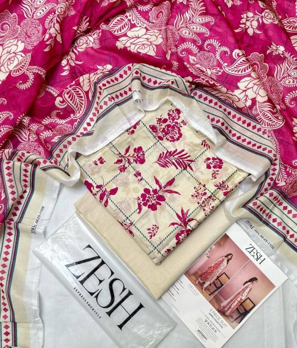 3 Pieceunstitched Suit Zesh Summaer Lawn Collection 2025