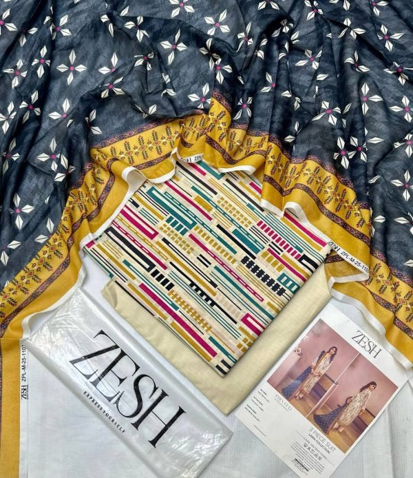 3 Pieceunstitched Suit Zesh Summaer Lawn Collection 2025