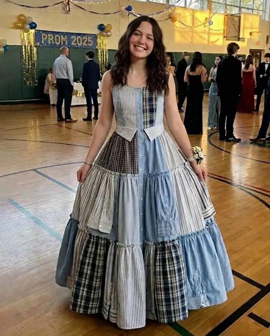 I Sewed a Dress From My Dad’s Shirts for Prom in His Honor – My Classmates Laughed Until the Principal Took the Mic and the Room Fell Silent